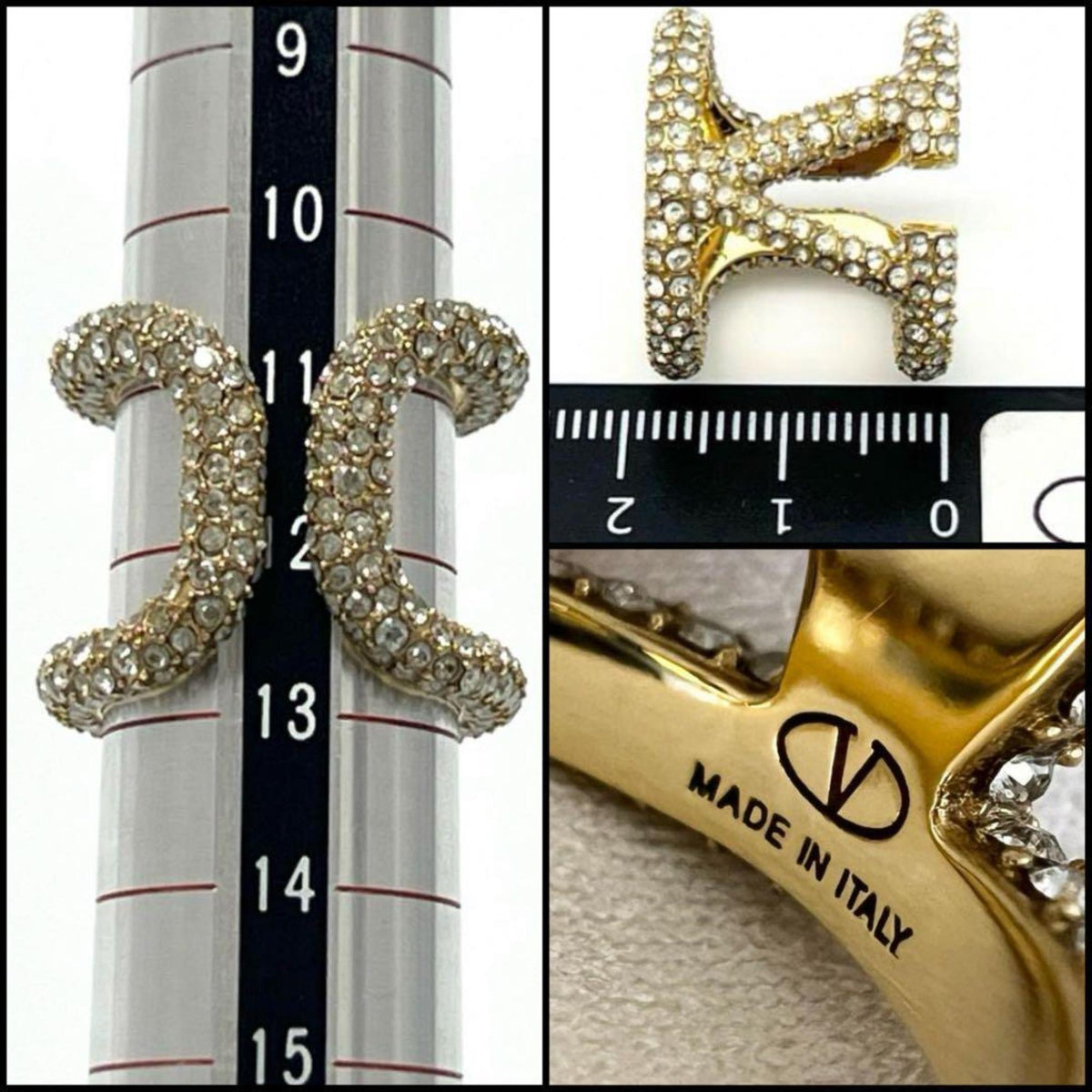 V Signature Ring Metal and Rhinestone Gold