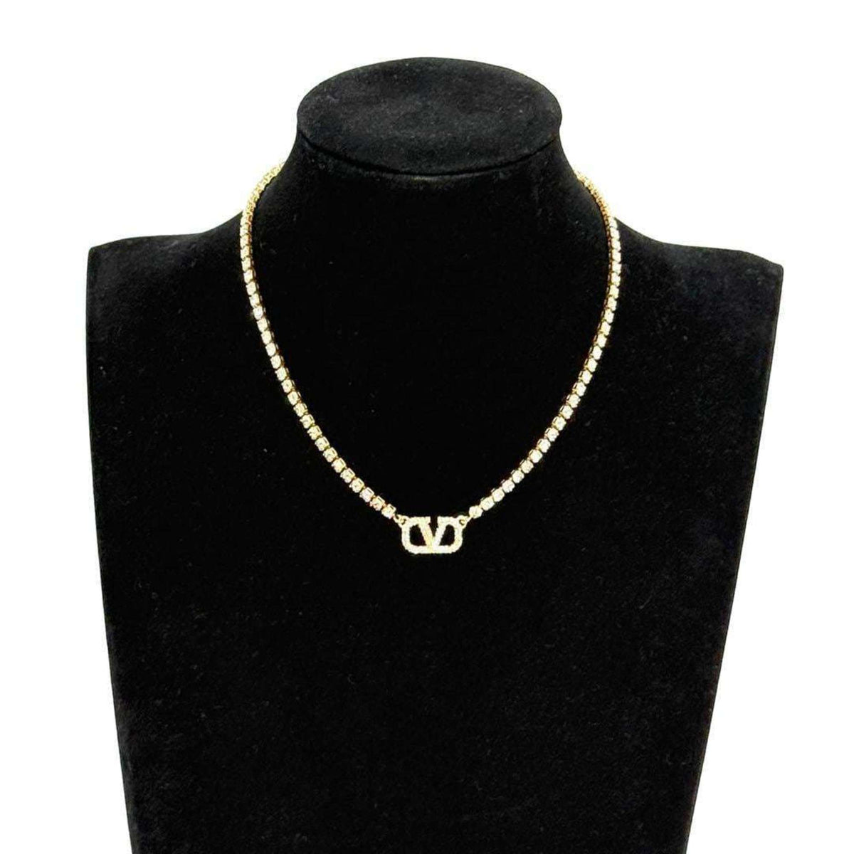 V Signature Pendant Necklace Metal and Rhinestone