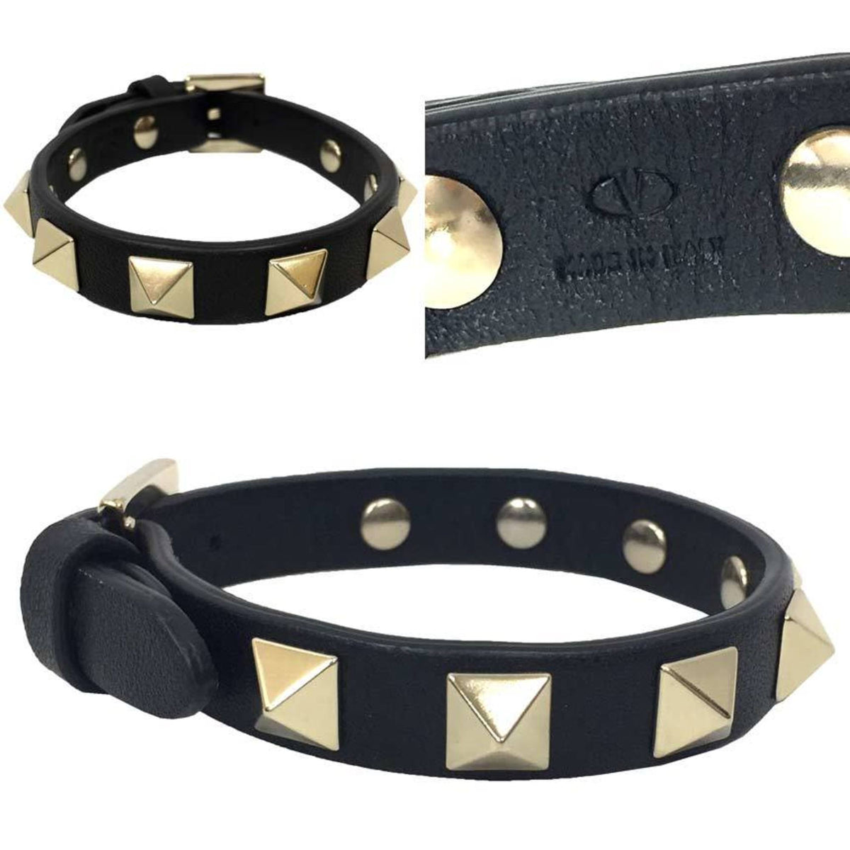 Rockstud Bracelet Leather Black and Champagne Gold