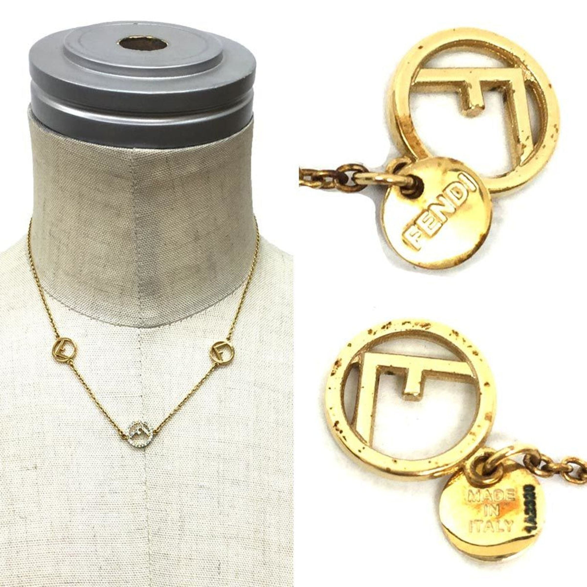 FF Pendant Necklace Rhinestone Blue Gold