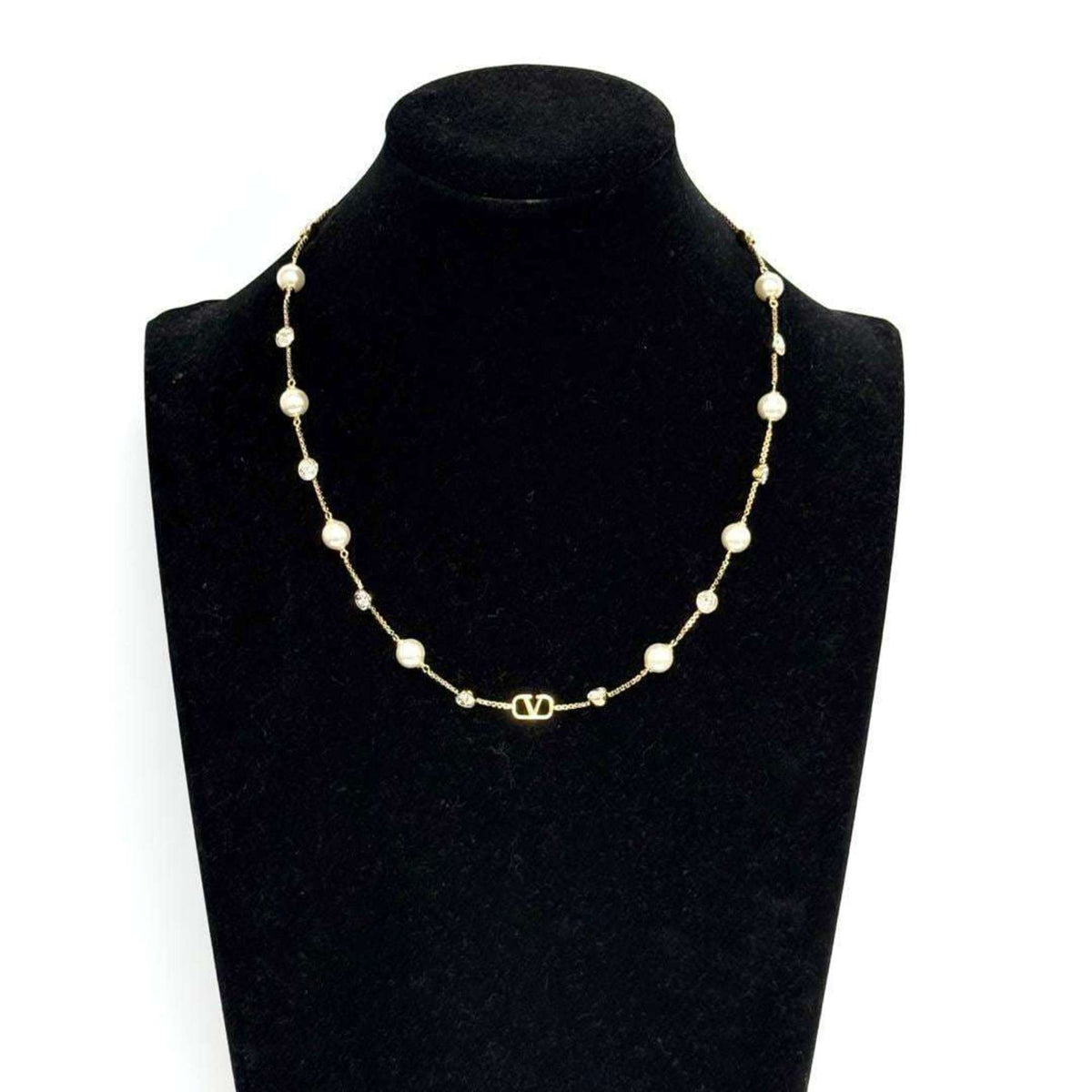 Station V Pendant Necklace Metal and Rhinestone