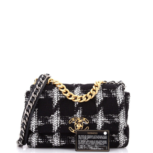 19 Flap Bag Quilted Houndstooth Tweed and Ribbon Medium