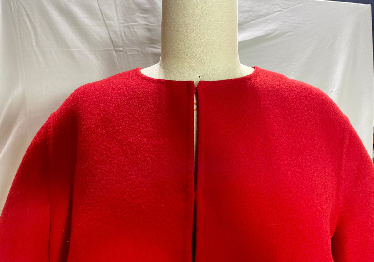 Valentino Garavani Ruffled Hem Bell Sleeve Coat in Red Wool