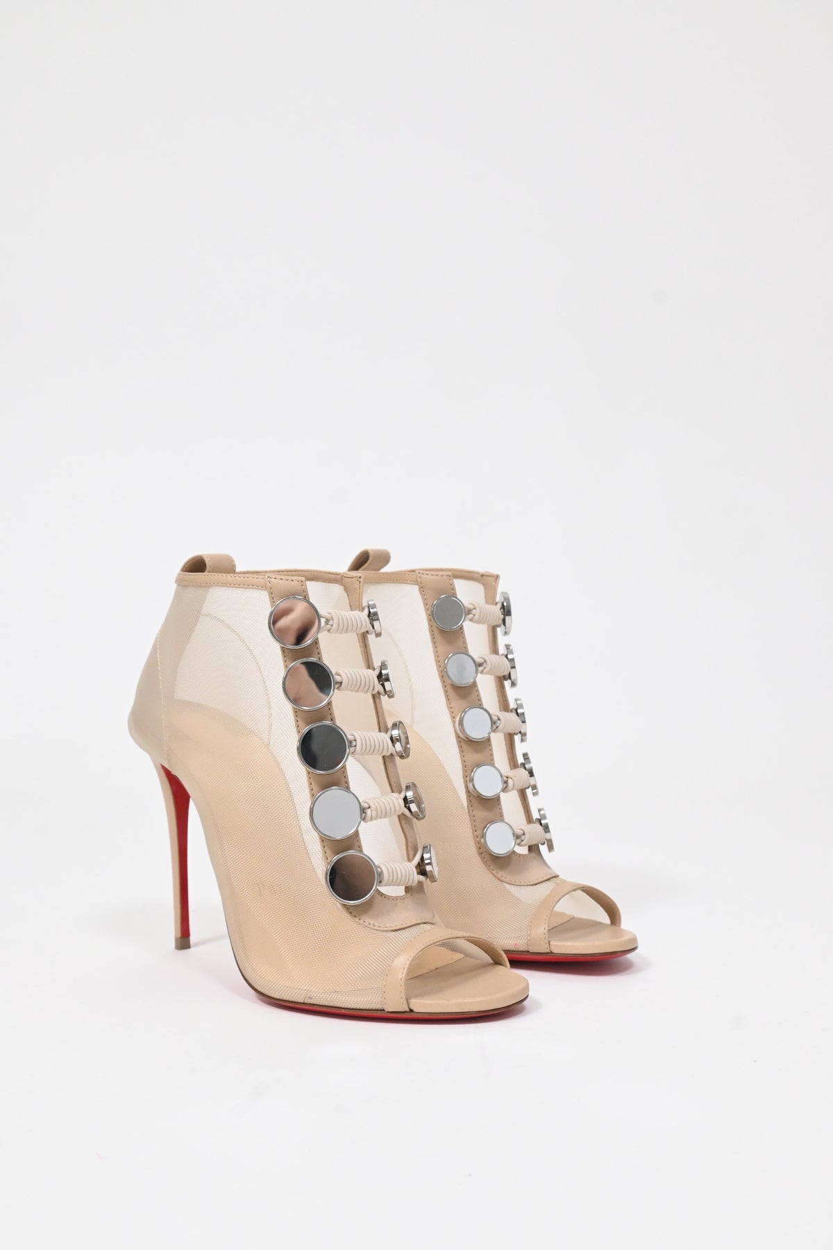Christian Louboutin Marika 100 Embellished Peep-Toe Boots in Nude Mesh