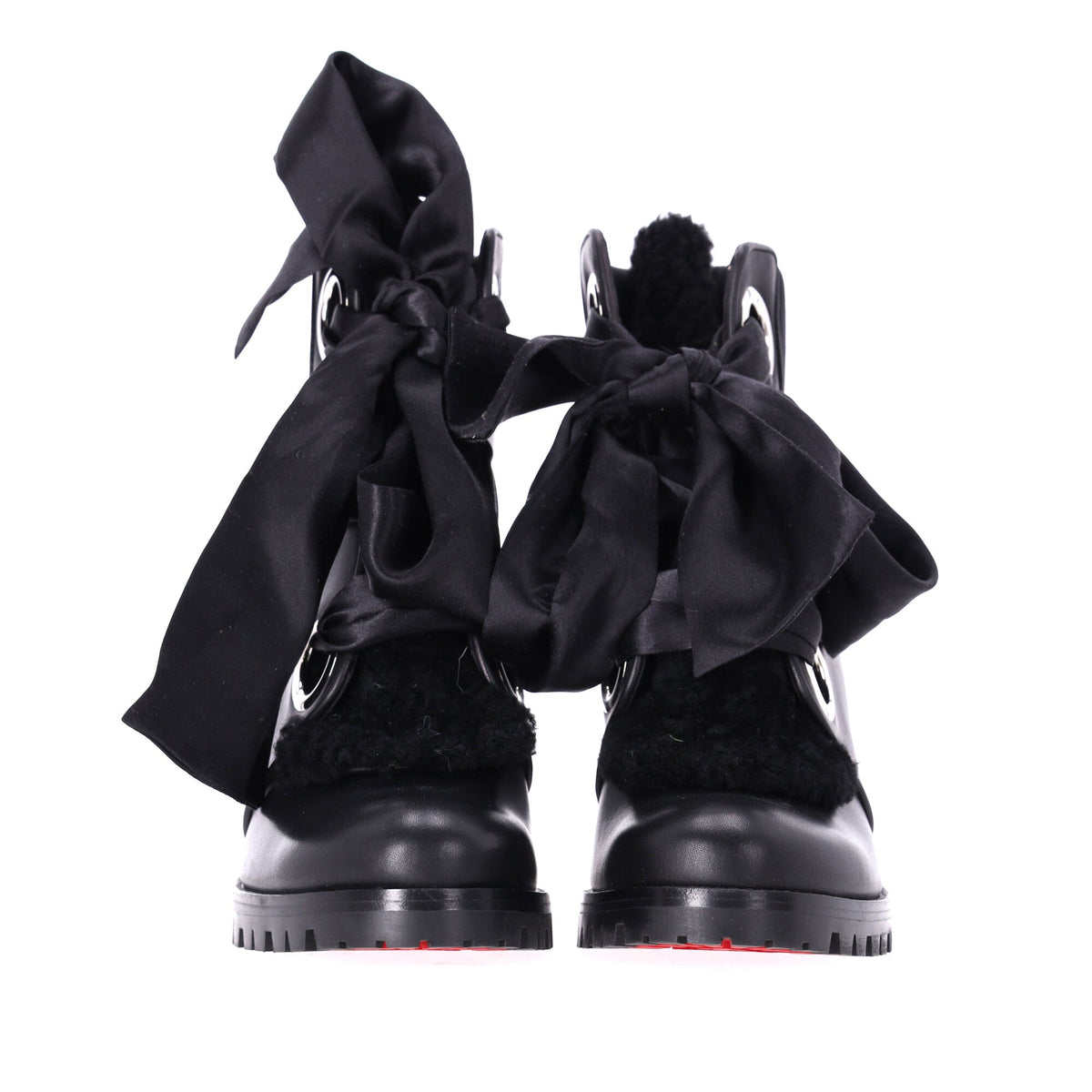 Christian Louboutin Jenny Bow Lace Heeled Ankle Boots in Black Calf Leather