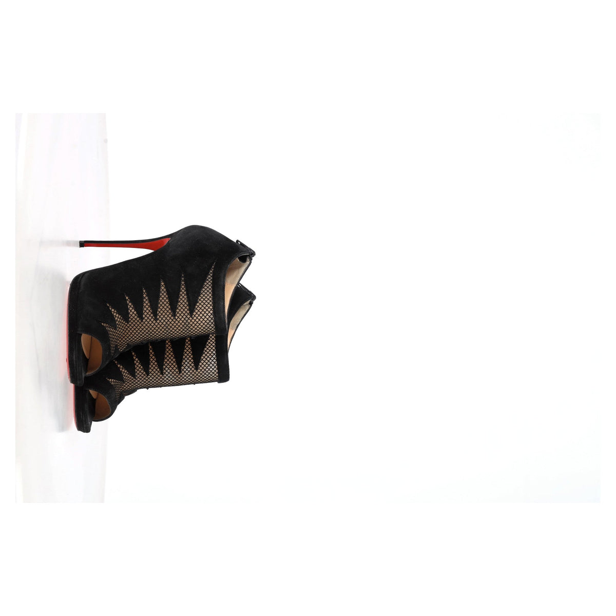 Christian Louboutin Peep-Toe Boots in Black Suede and Mesh