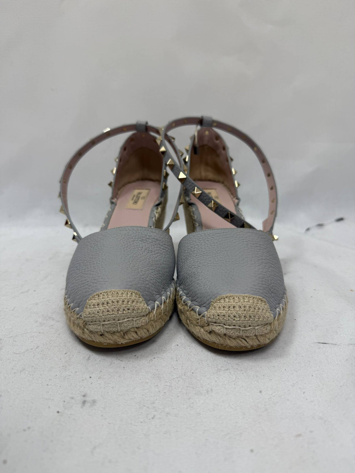 Valentino Rockstud Ankle Strap Espadrille Wedge Pumps in Grey Leather