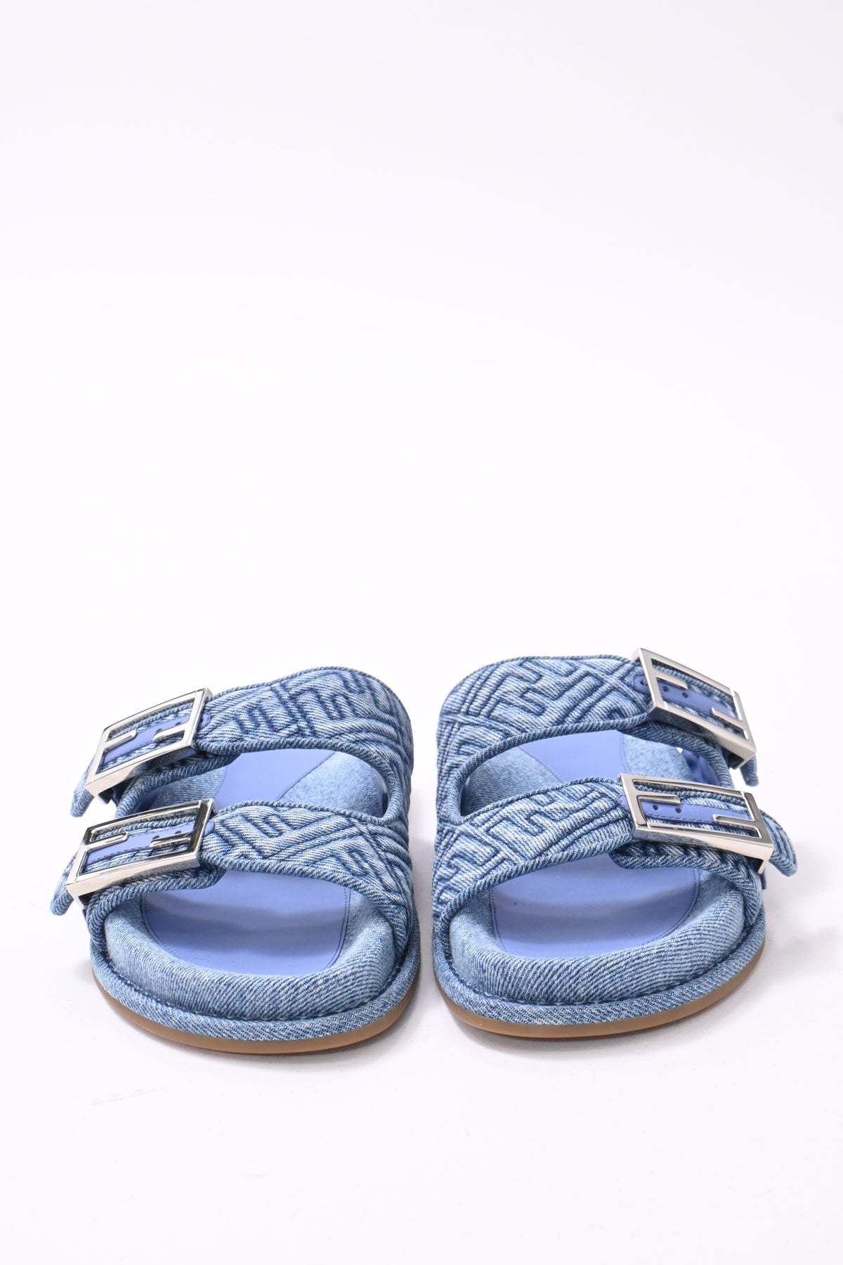 Fendi FF Feel Slide Flat Sandals in Blue Cotton Denim