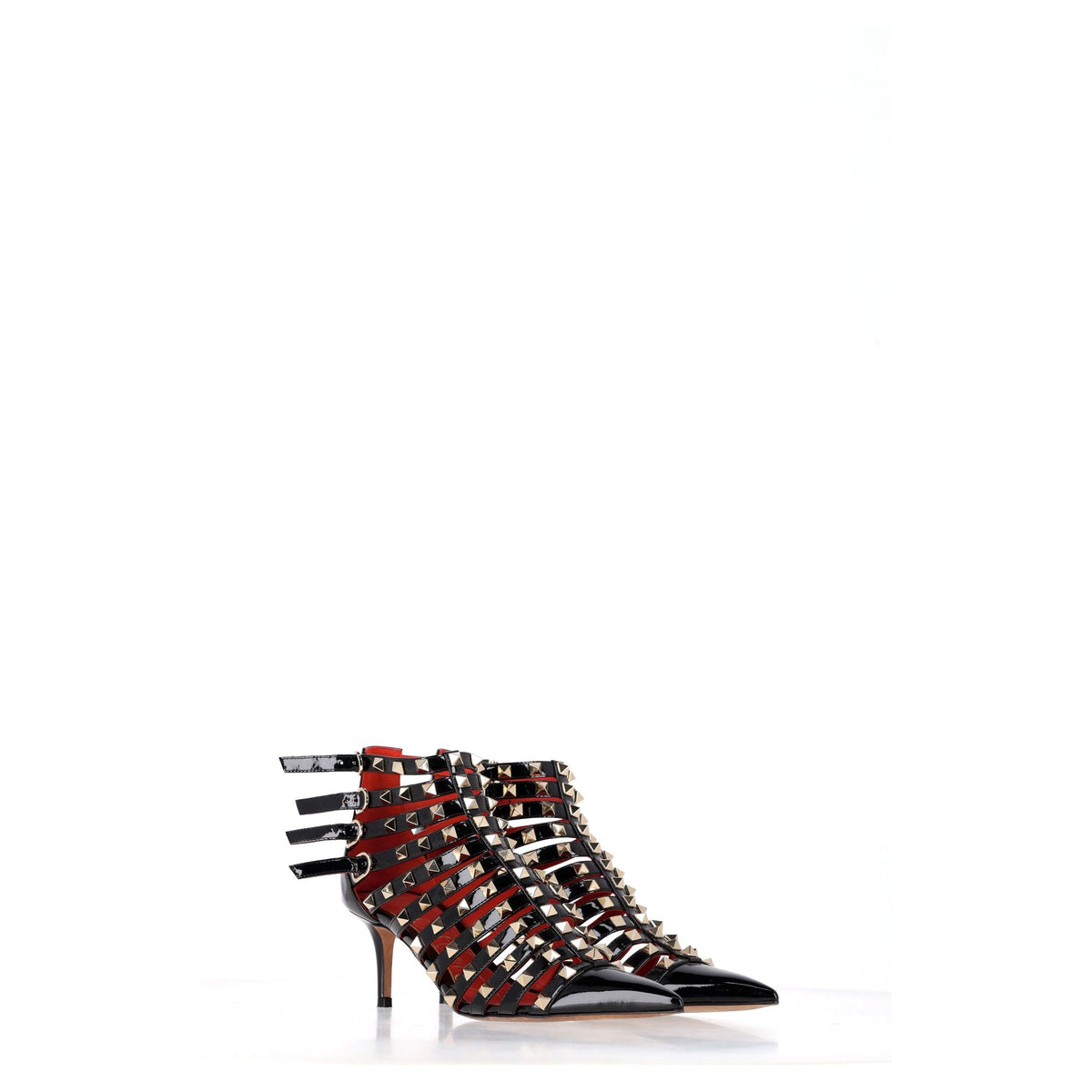 Valentino Alcove Rockstud Gladiator Booties in Black Patent Leather