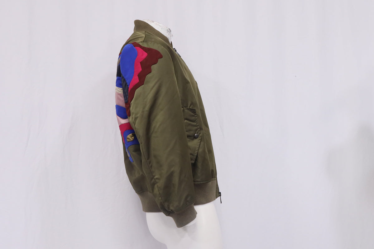 Valentino Garavani Zipped Butterfly Patchwork Bomber Jacket in Olive Polyamide