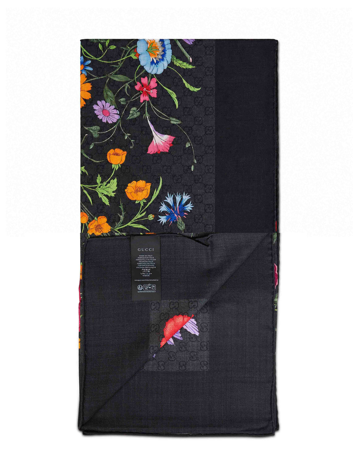 Gucci Women Black Floral Print Wool And Silk Scarf <Br/>