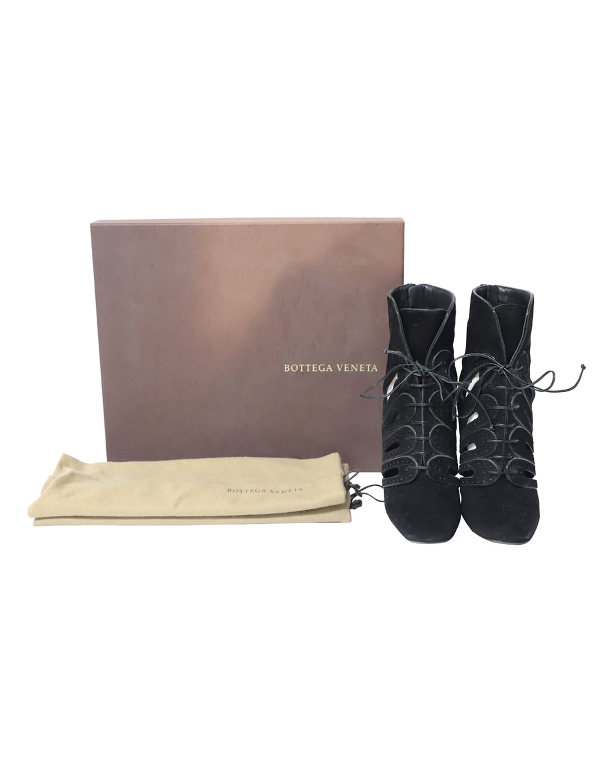 Bottega Veneta Cutout Lace-Up Detail Ankle Boots in Black Suede