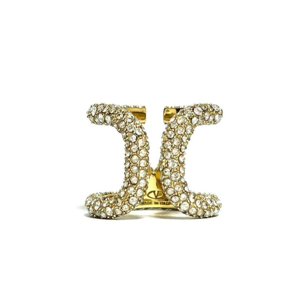 V Signature Ring Metal and Rhinestone Gold
