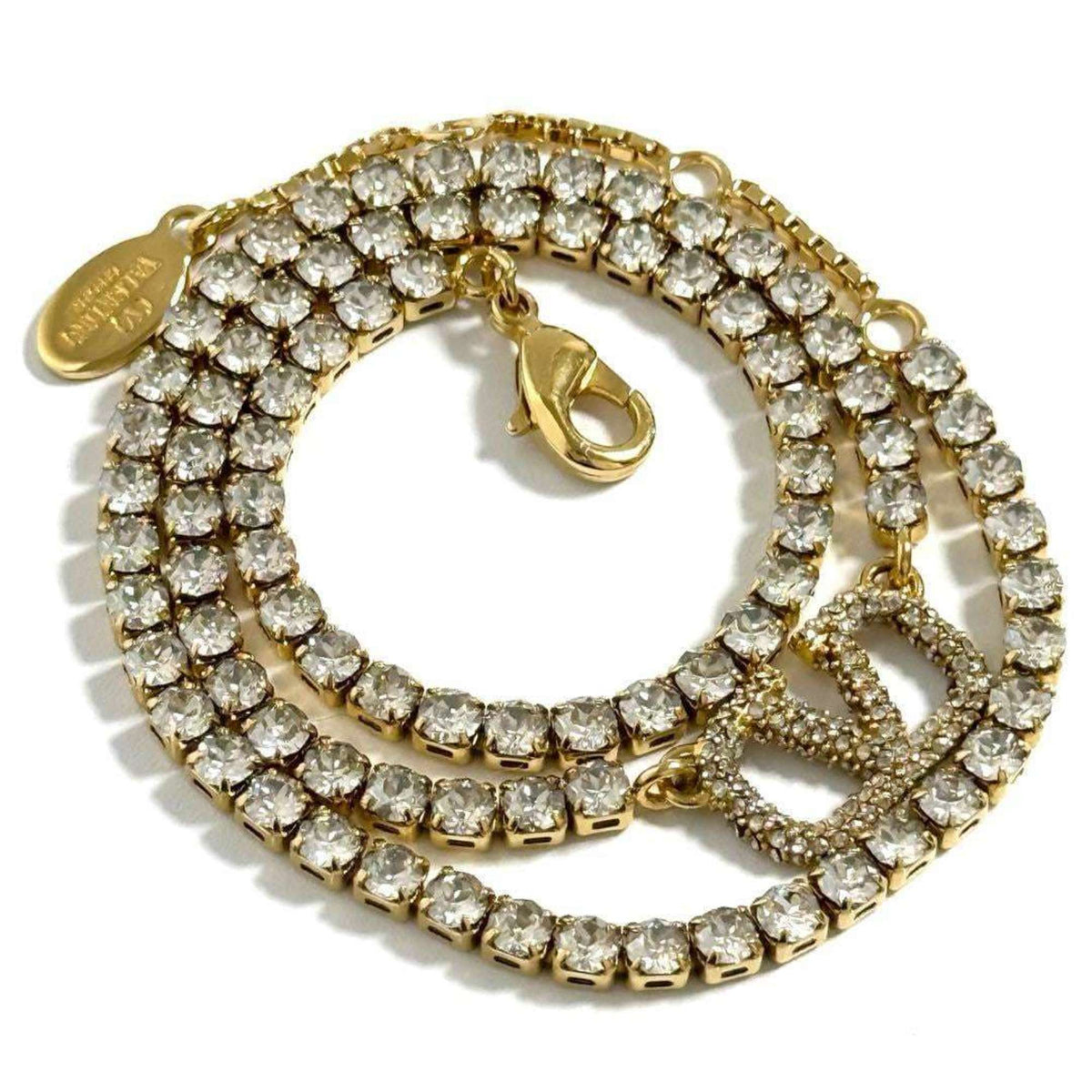 V Signature Pendant Necklace Metal and Rhinestone