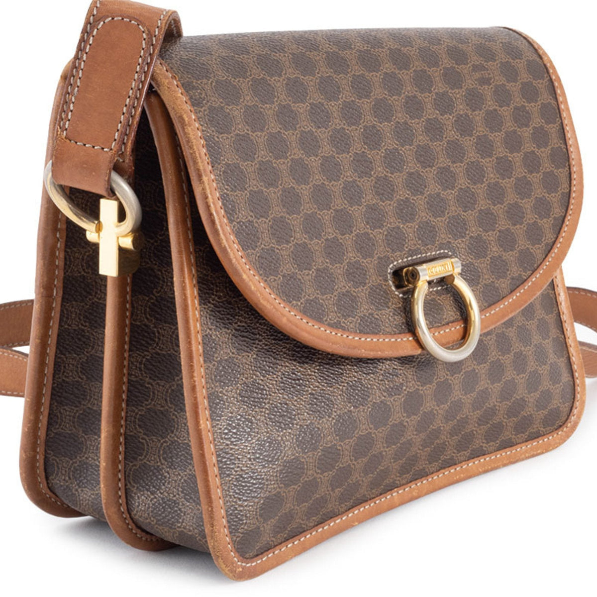 Vintage Saddle Flap Shoulder Bag Macadam Coated Canvas Small