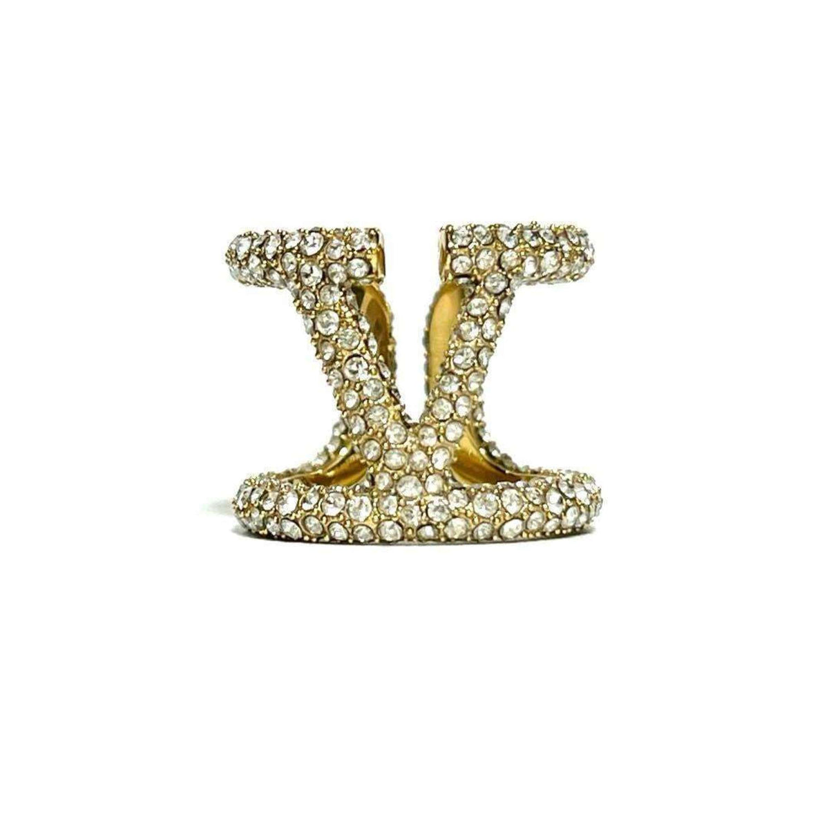 V Signature Ring Metal and Rhinestone Gold