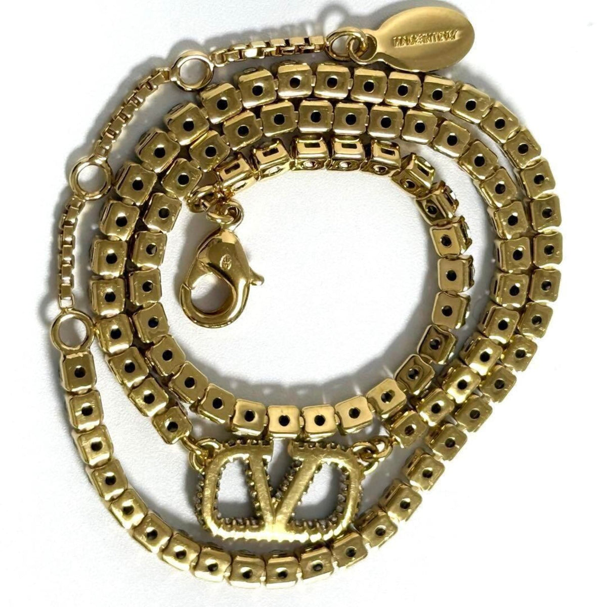 V Signature Pendant Necklace Metal and Rhinestone
