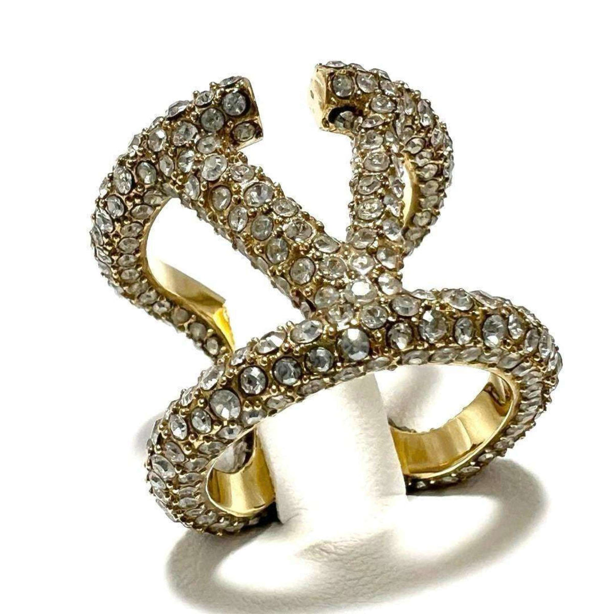 V Signature Ring Metal and Rhinestone Gold