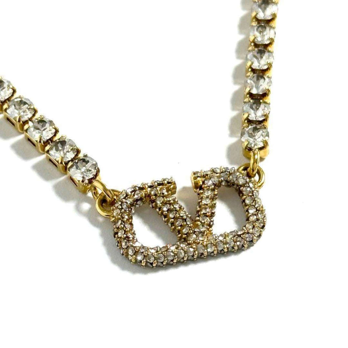 V Signature Pendant Necklace Metal and Rhinestone