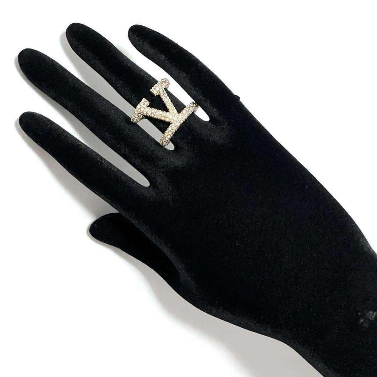 V Signature Ring Metal and Rhinestone Gold