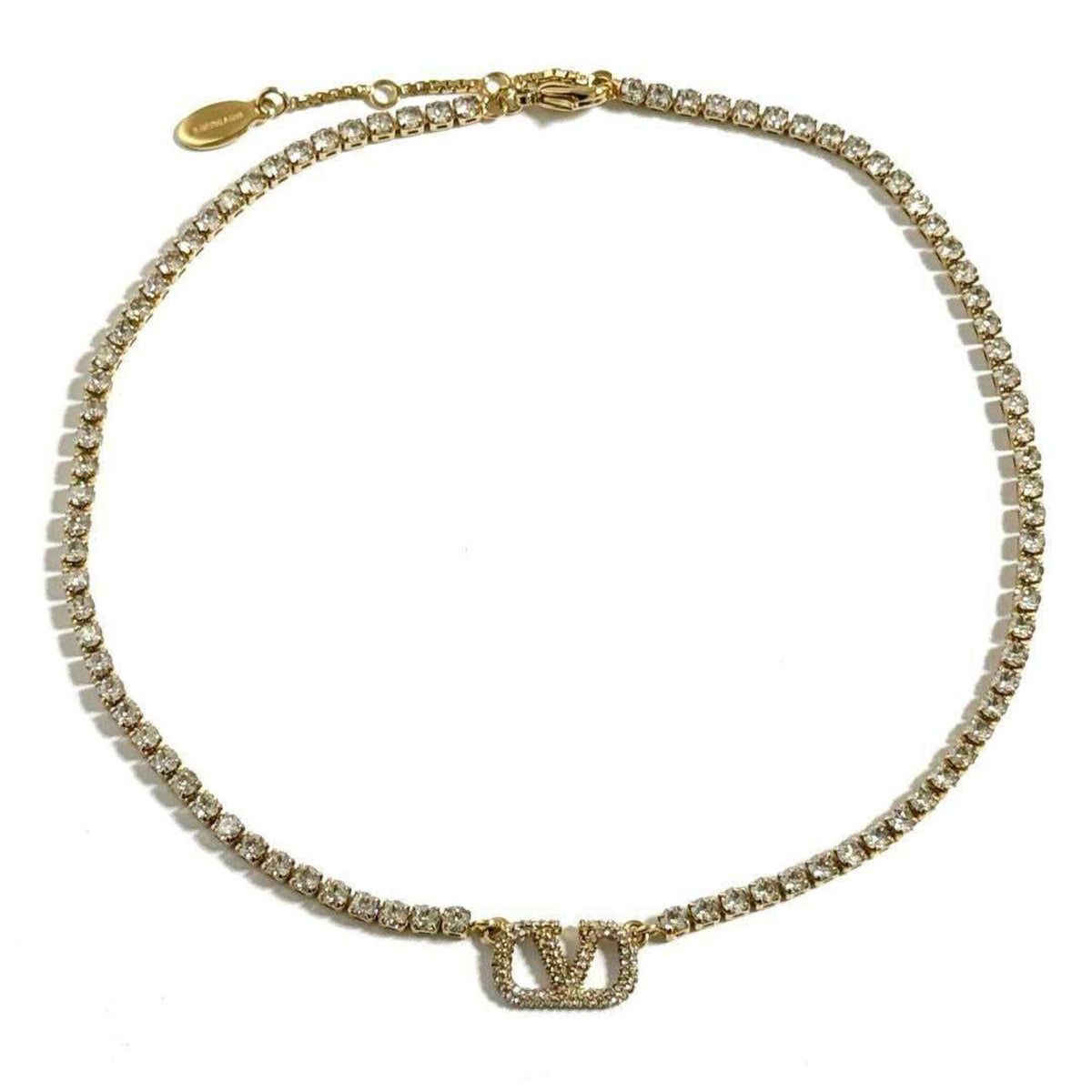 V Signature Pendant Necklace Metal and Rhinestone
