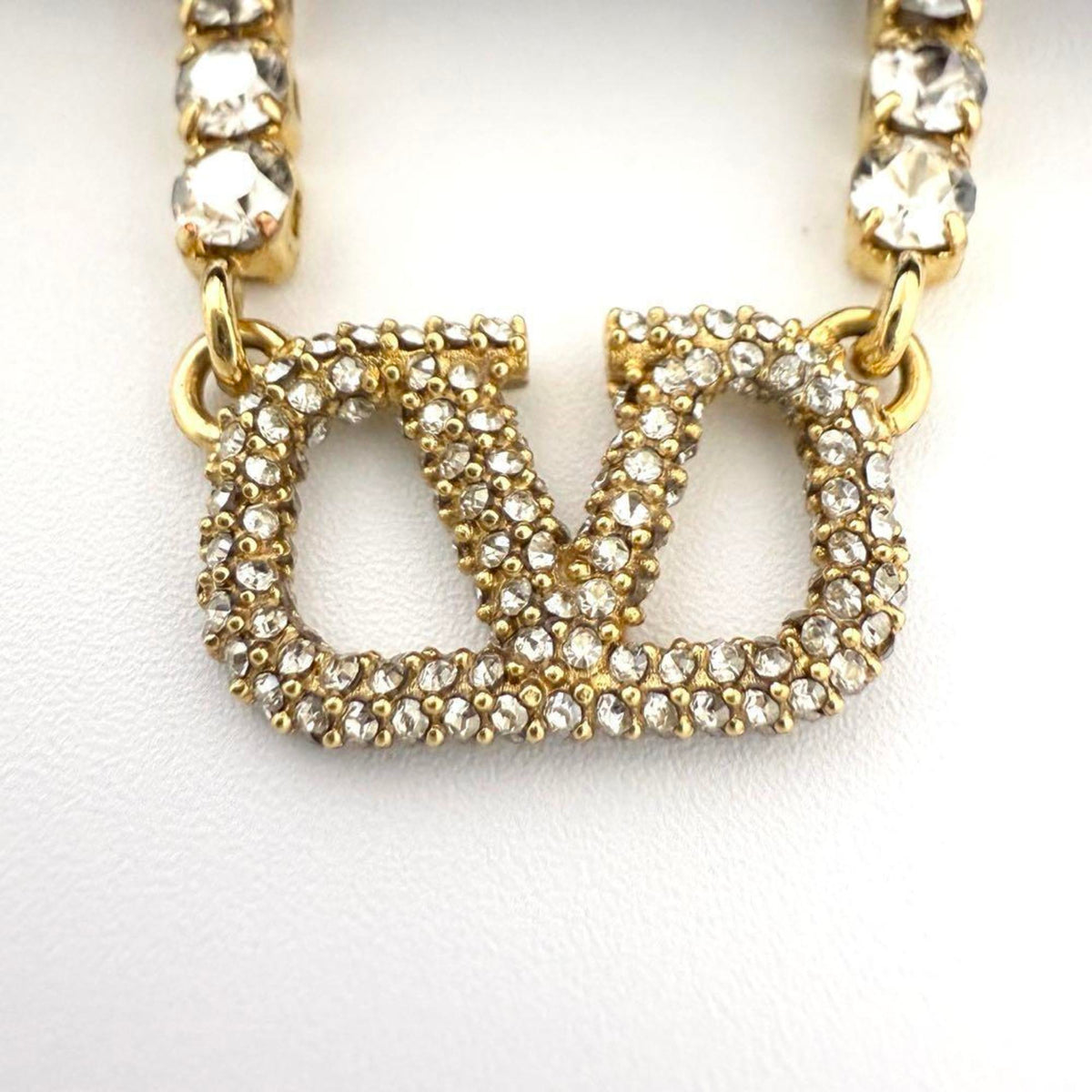 V Signature Pendant Necklace Metal and Rhinestone