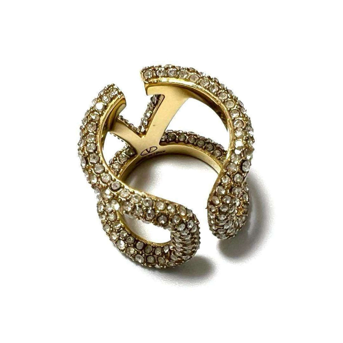 V Signature Ring Metal and Rhinestone Gold