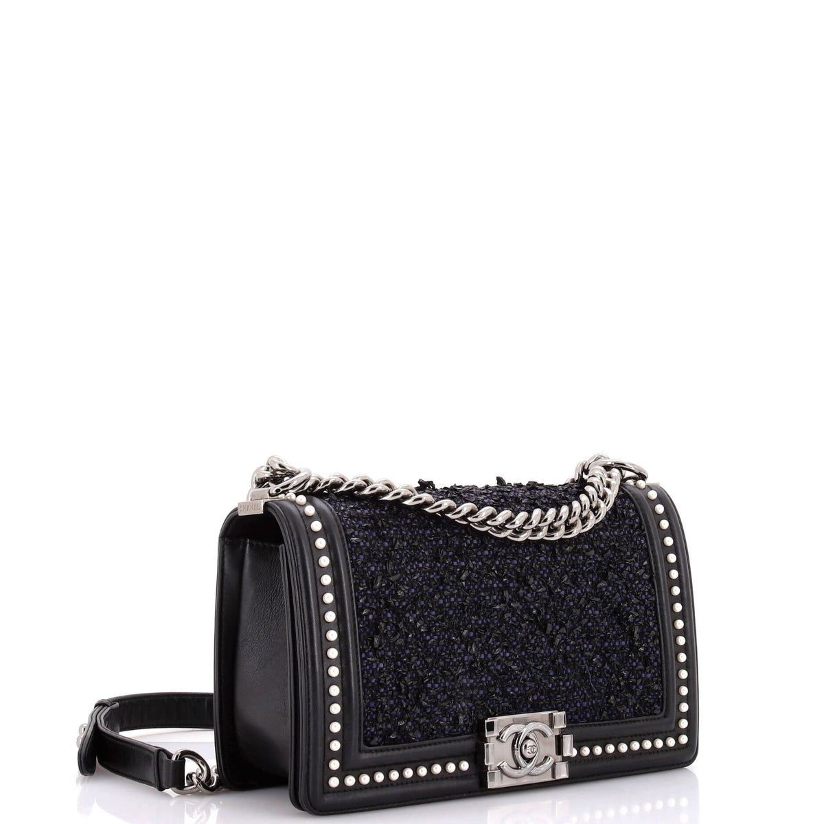 Boy Flap Bag Quilted Tweed with Pearl Embellished Calfskin Old Medium