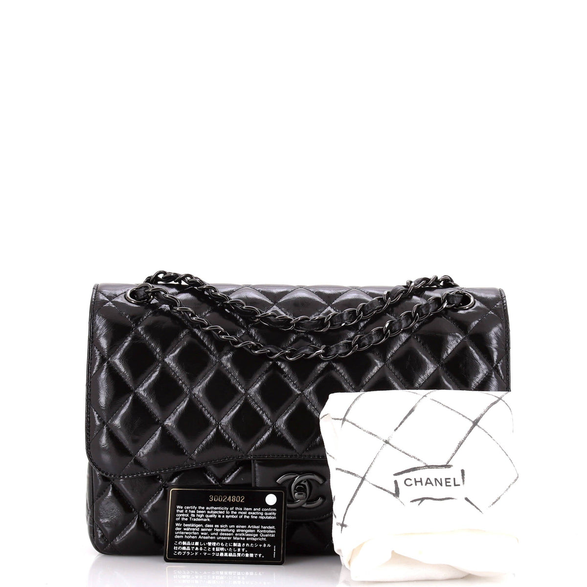 So Black Classic Double Flap Bag Quilted Shiny Crumpled Calfskin Jumbo