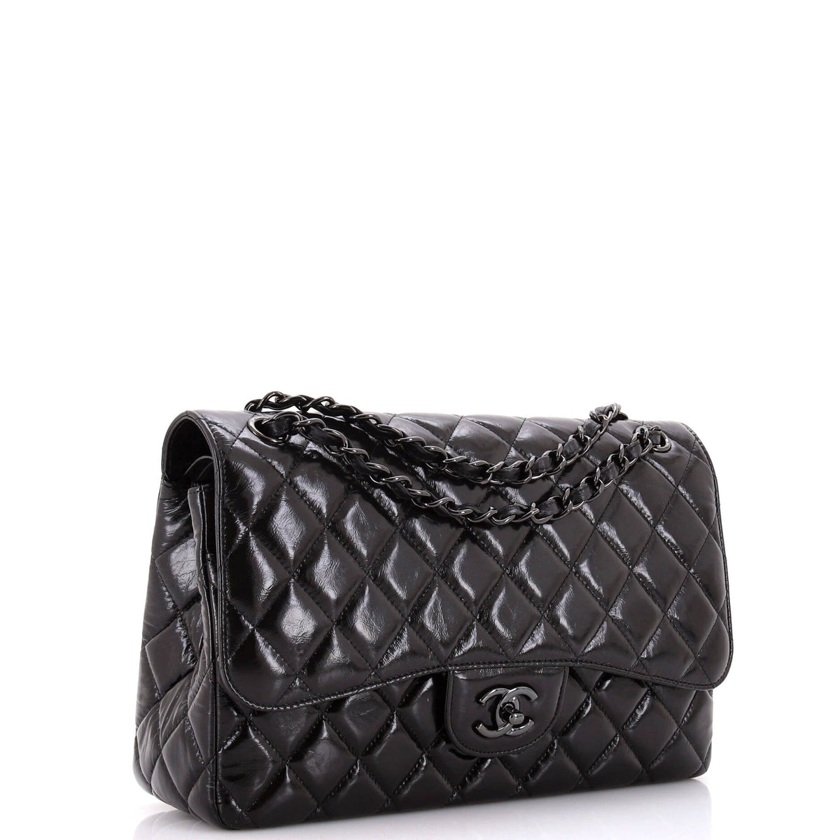 So Black Classic Double Flap Bag Quilted Shiny Crumpled Calfskin Jumbo