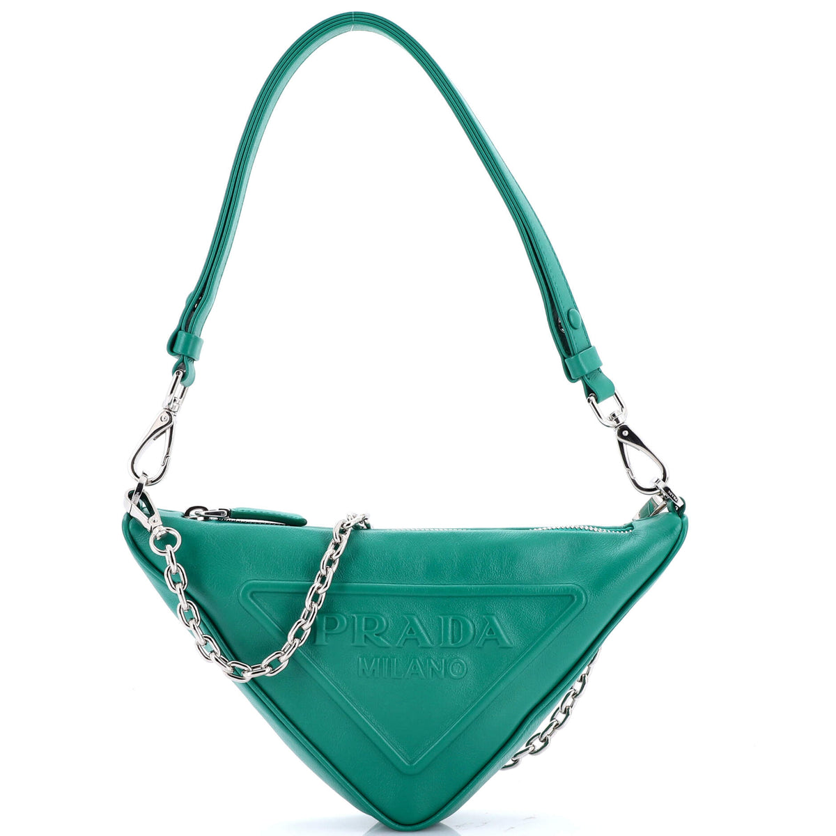 Triangle Logo Zip Chain Crossbody Bag Embossed Leather Small