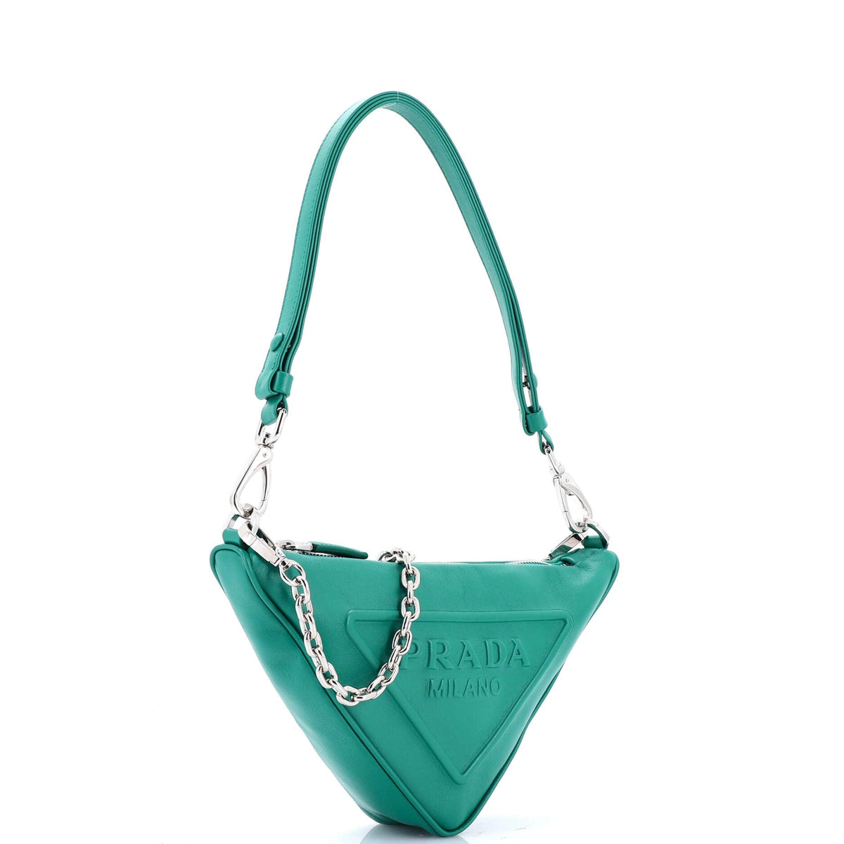 Triangle Logo Zip Chain Crossbody Bag Embossed Leather Small