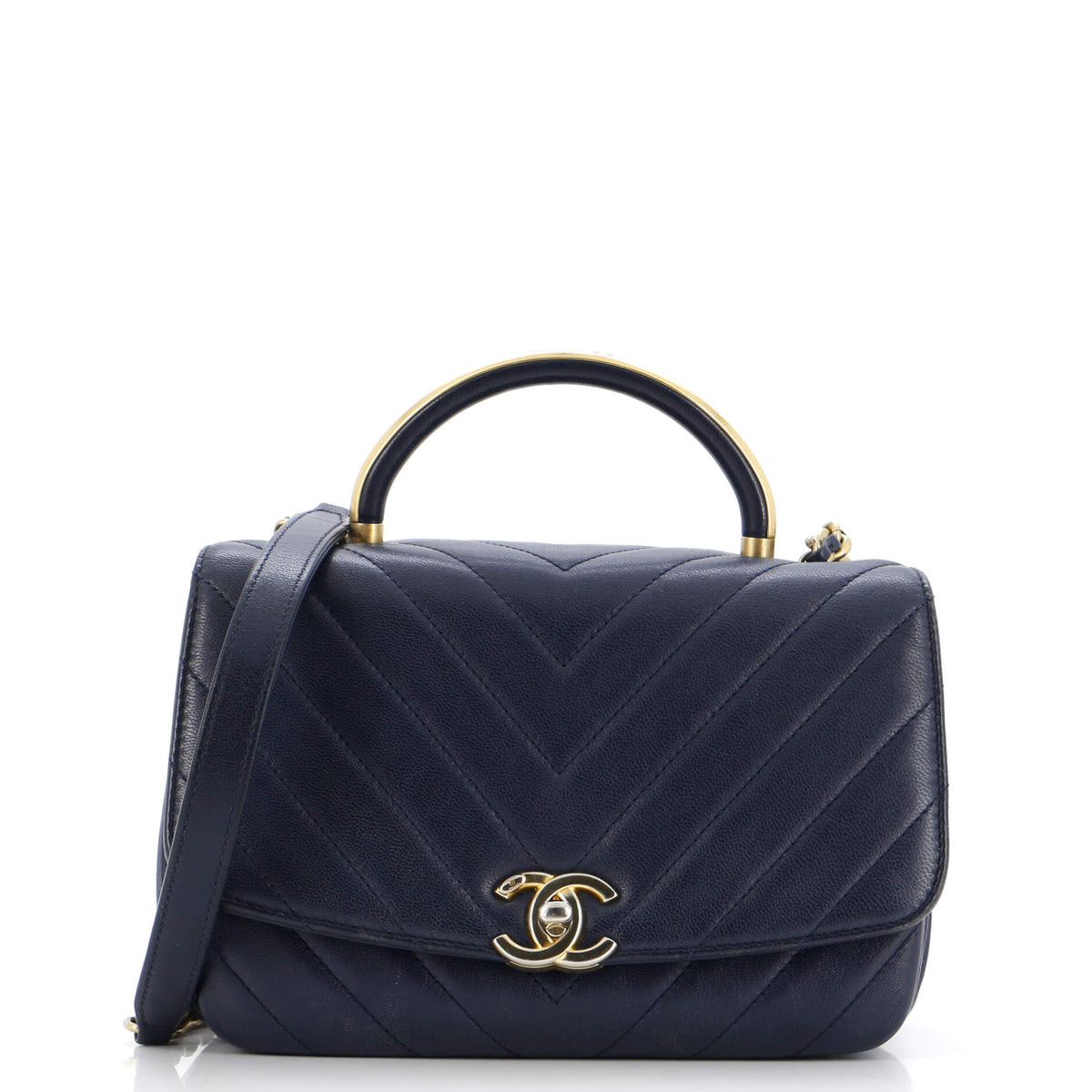 CC Metal Top Handle Flap Bag Chevron Lambskin Small