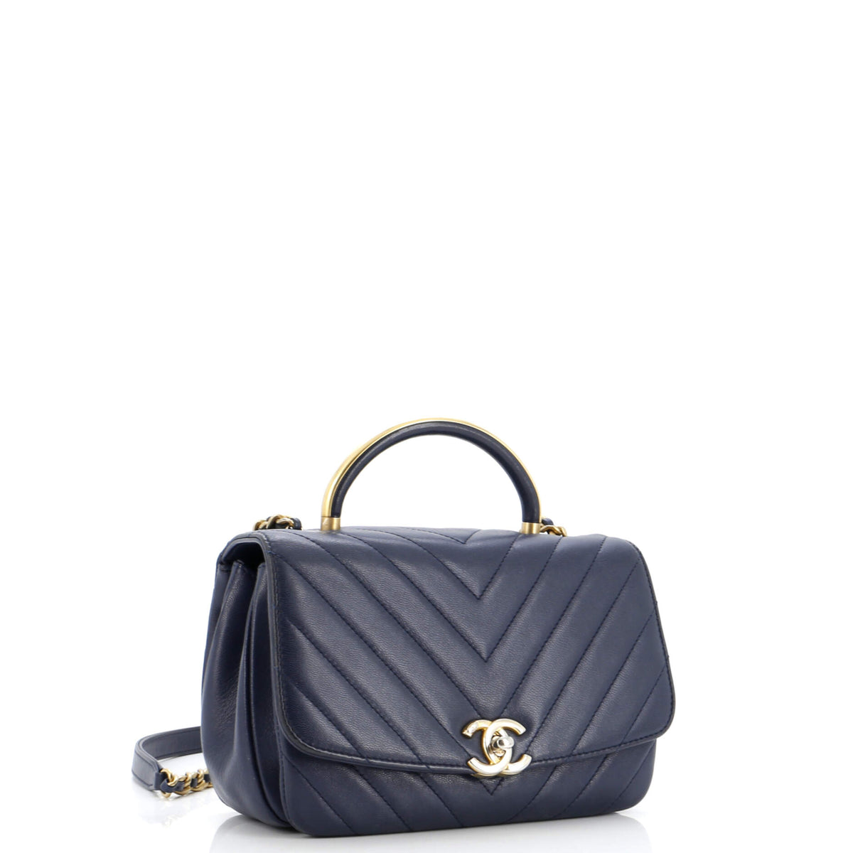 CC Metal Top Handle Flap Bag Chevron Lambskin Small