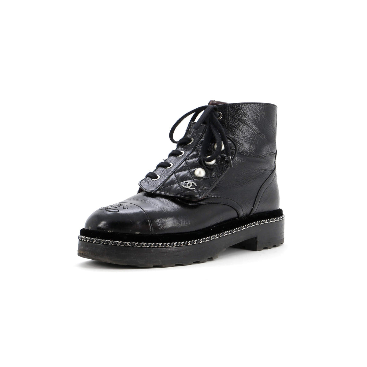 Women's Cap Toe CC Chain Around Pearl Combat Boots Leather