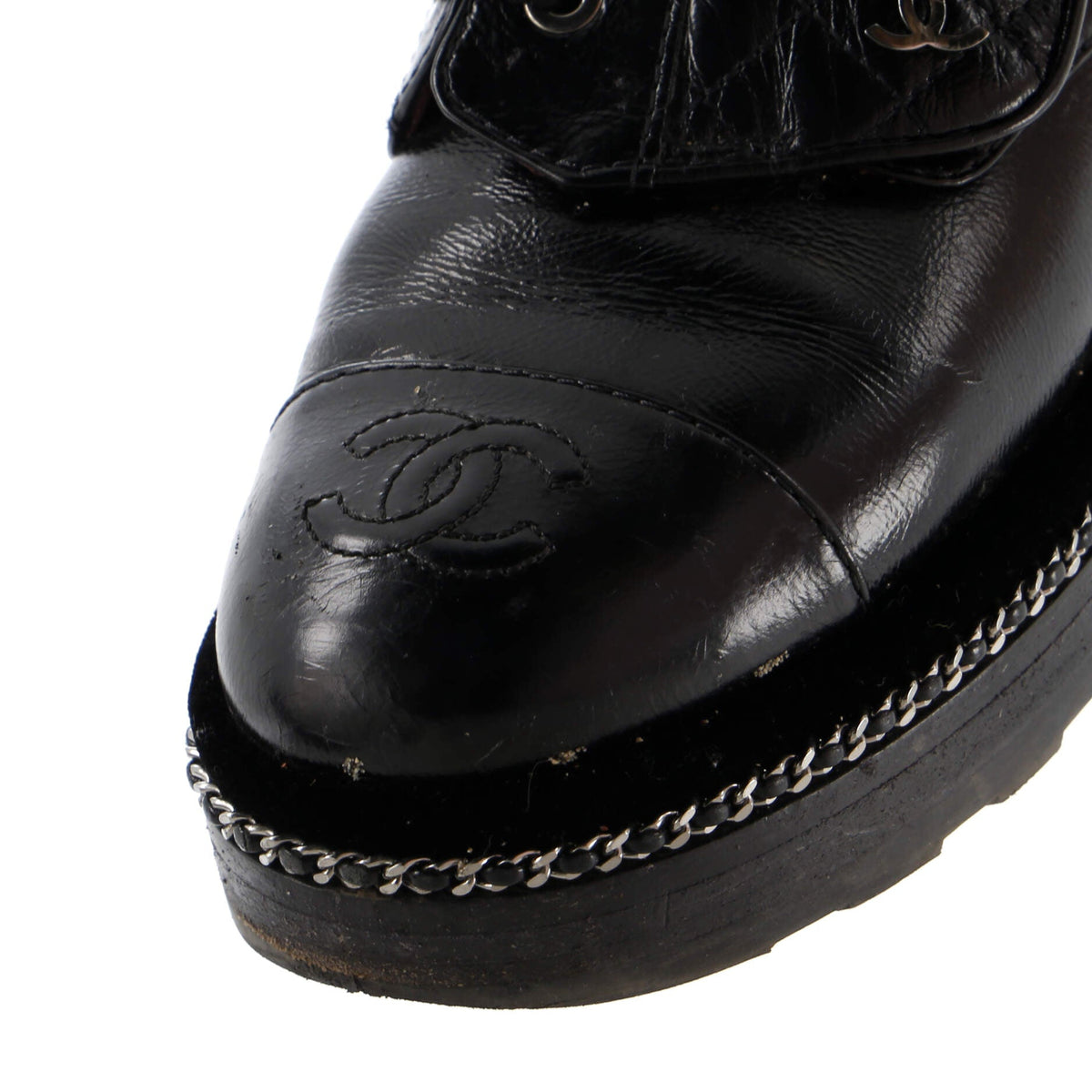 Women's Cap Toe CC Chain Around Pearl Combat Boots Leather