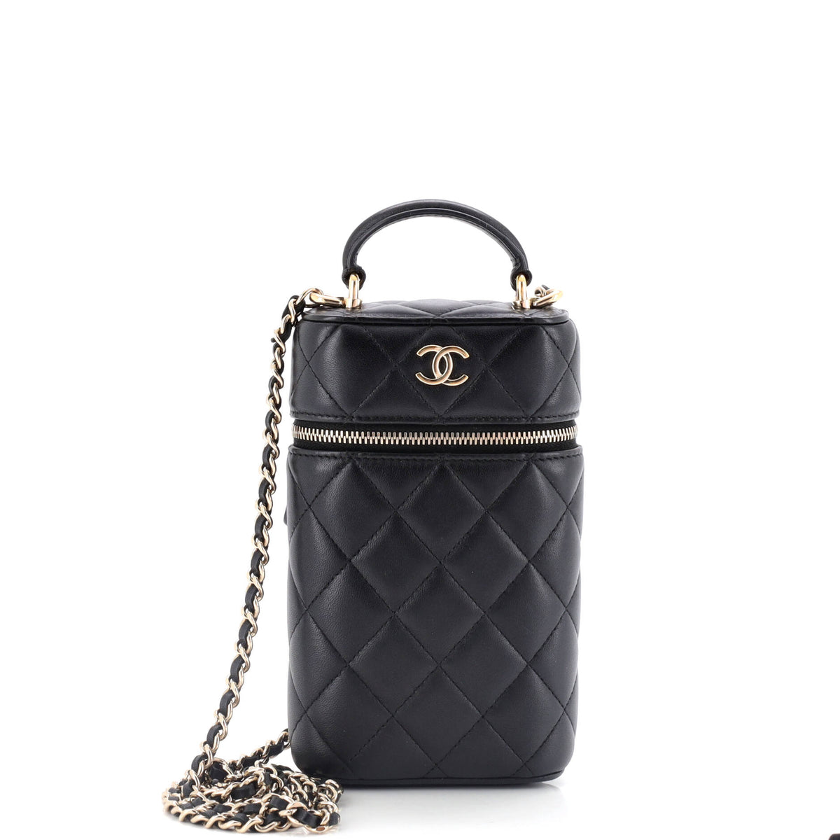 Classic Vanity Top Handle Phone Holder with Chain Quilted Lambskin