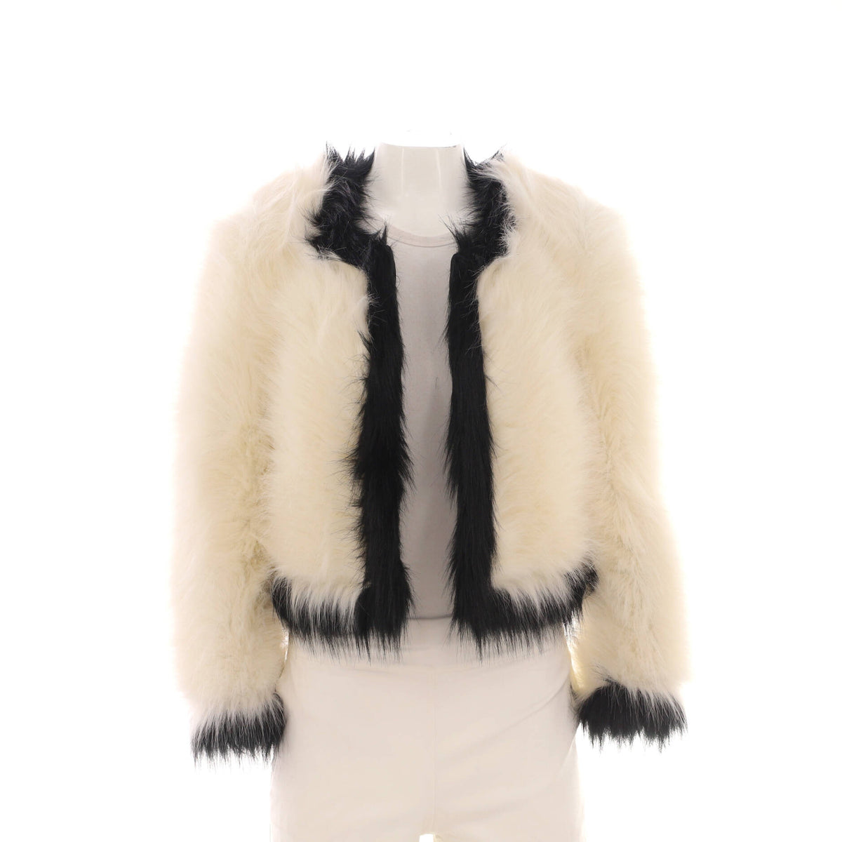 Women's Contrast Trim Collarless Jacket Faux Fur
