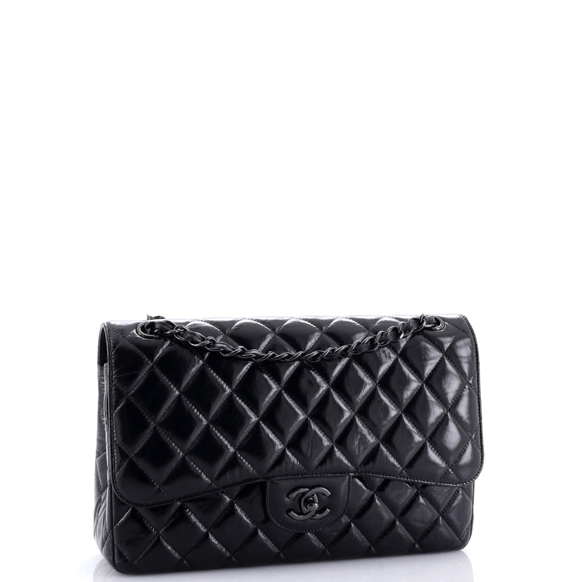 So Black Classic Double Flap Bag Quilted Shiny Crumpled Calfskin Jumbo