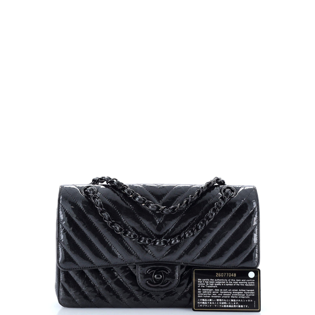 So Black Classic Double Flap Bag Chevron Crinkled Patent Medium