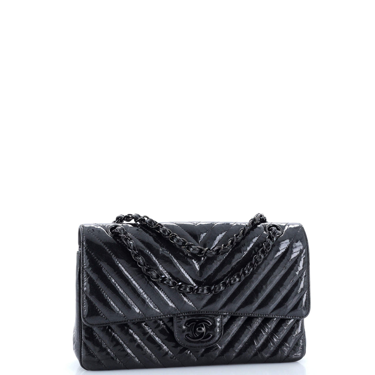 So Black Classic Double Flap Bag Chevron Crinkled Patent Medium