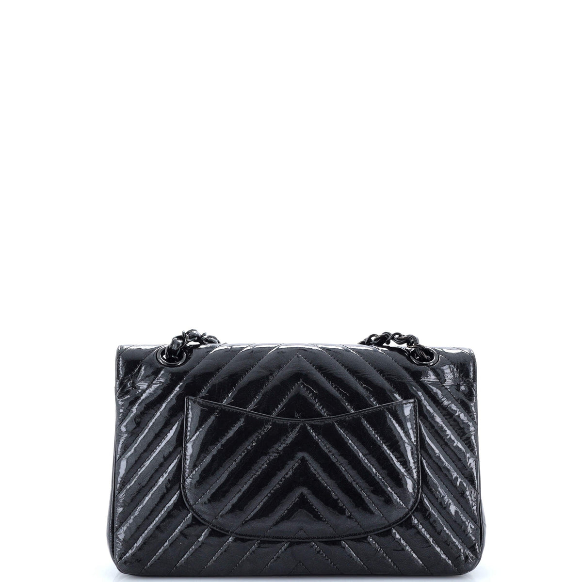So Black Classic Double Flap Bag Chevron Crinkled Patent Medium