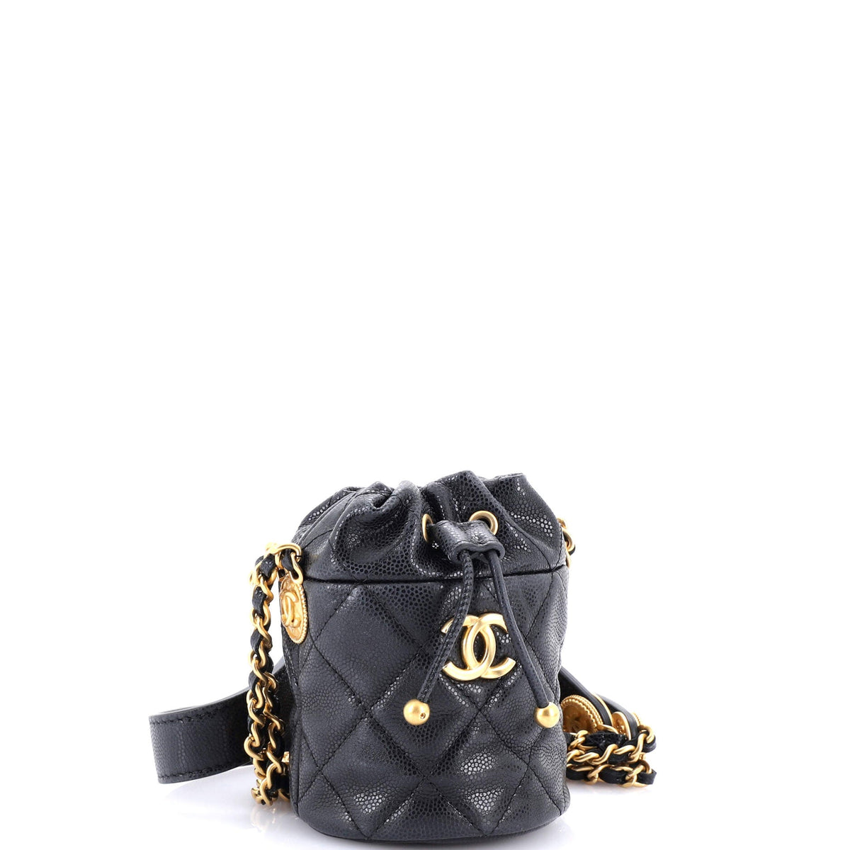Twist Your Buttons Drawstring Bucket Bag Quilted Caviar Mini