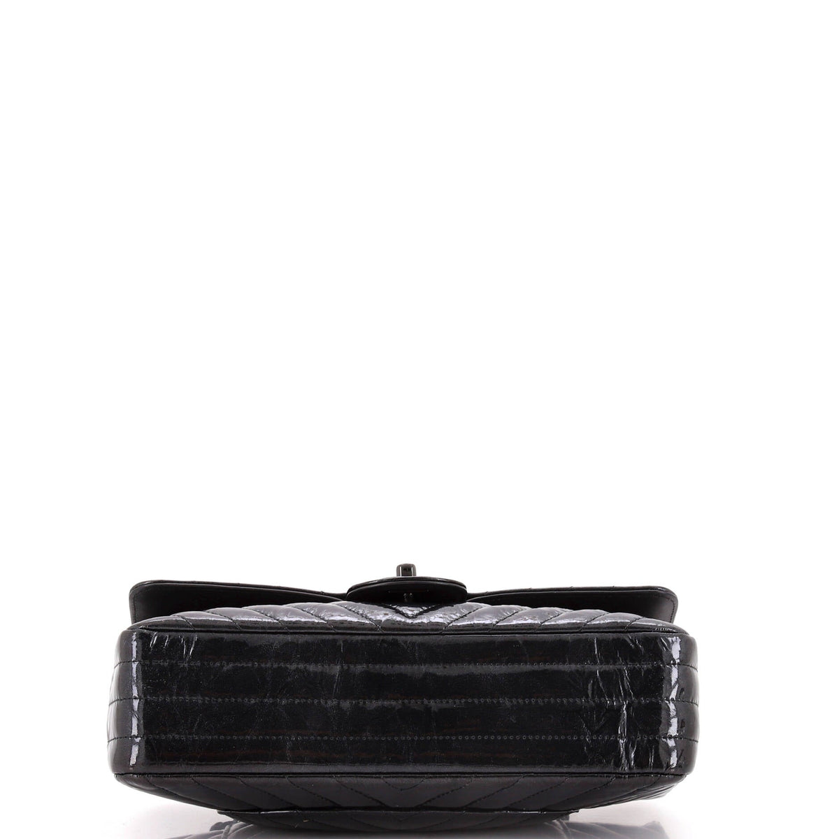 So Black Classic Double Flap Bag Chevron Crinkled Patent Medium