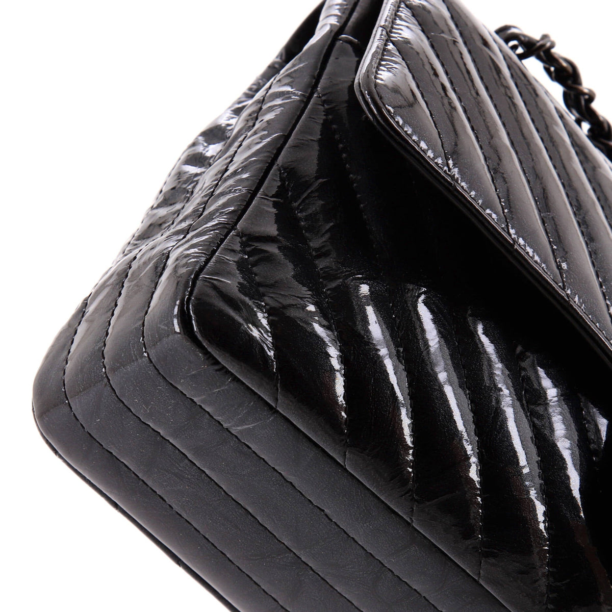 So Black Classic Double Flap Bag Chevron Crinkled Patent Medium