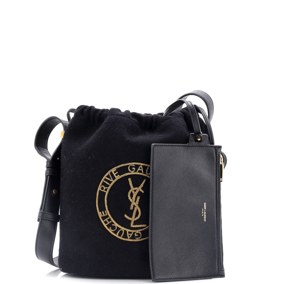 Rive Gauche Drawstring Bucket Bag Embroidered Wool