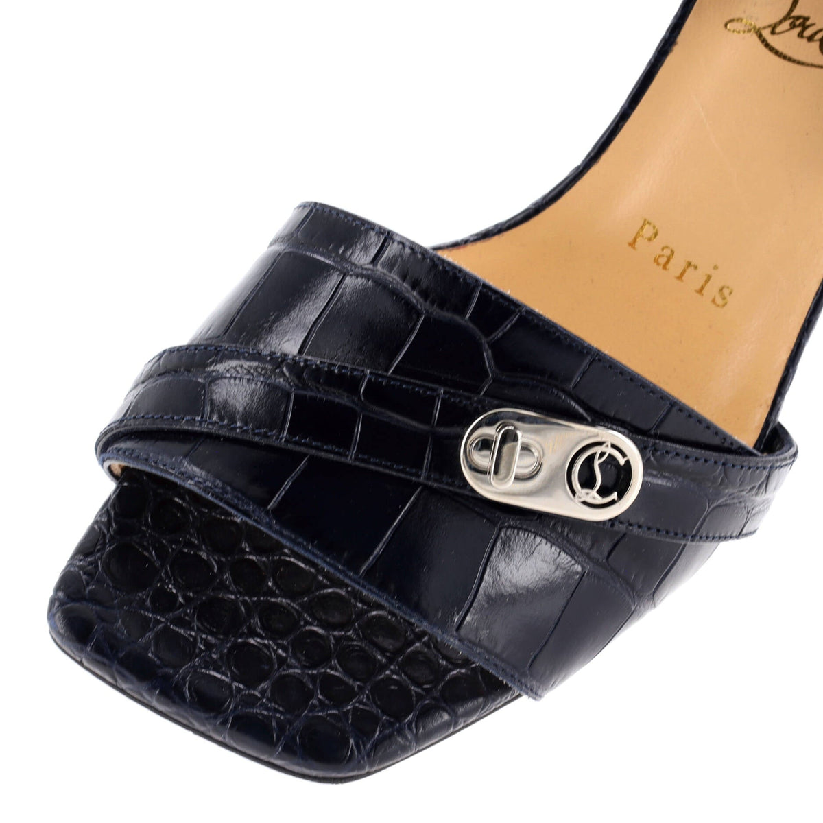 Women's Lock Art Heeled Mules Crocodile Embossed Leather 55