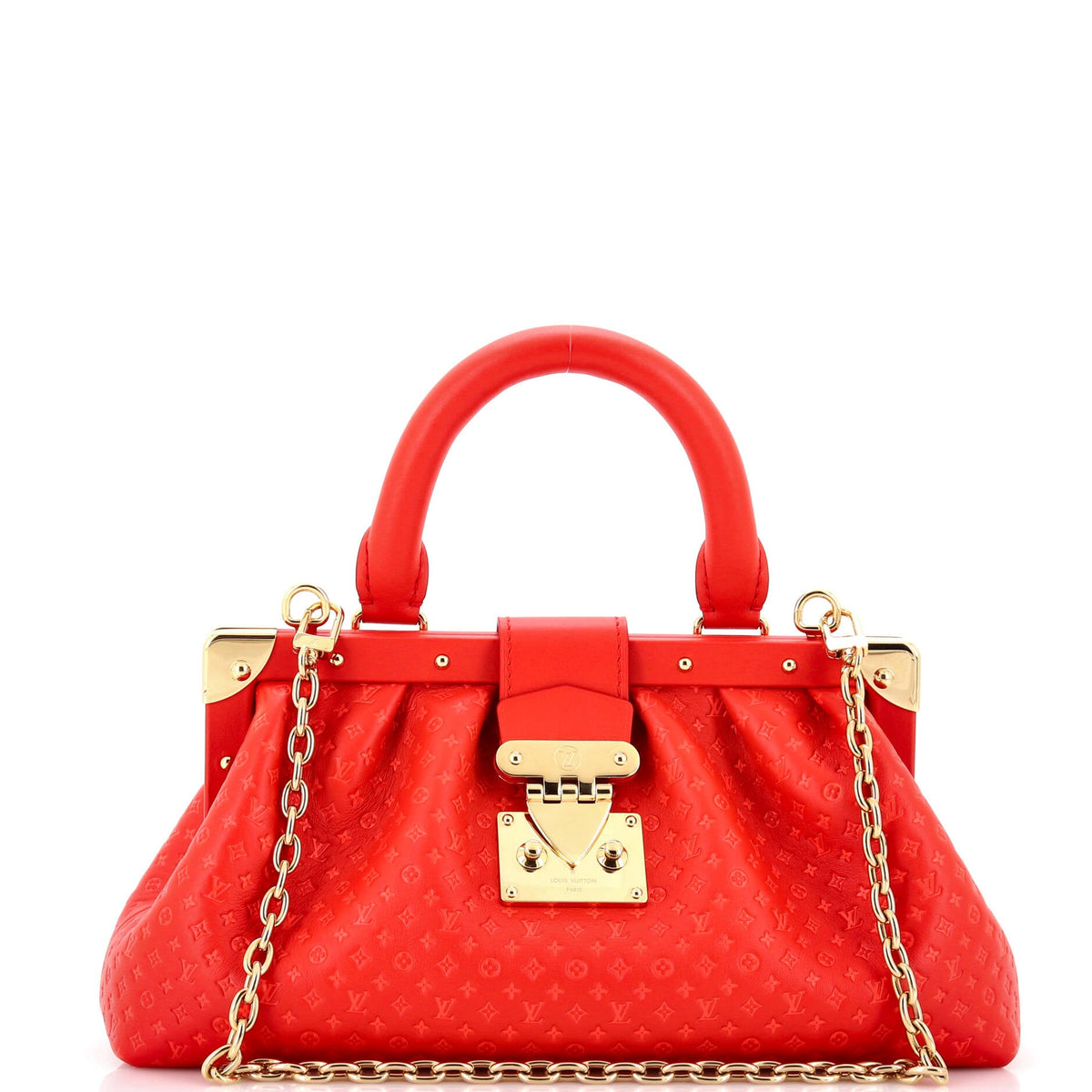 Top Handle Frame Clutch Nanogram Embossed Leather