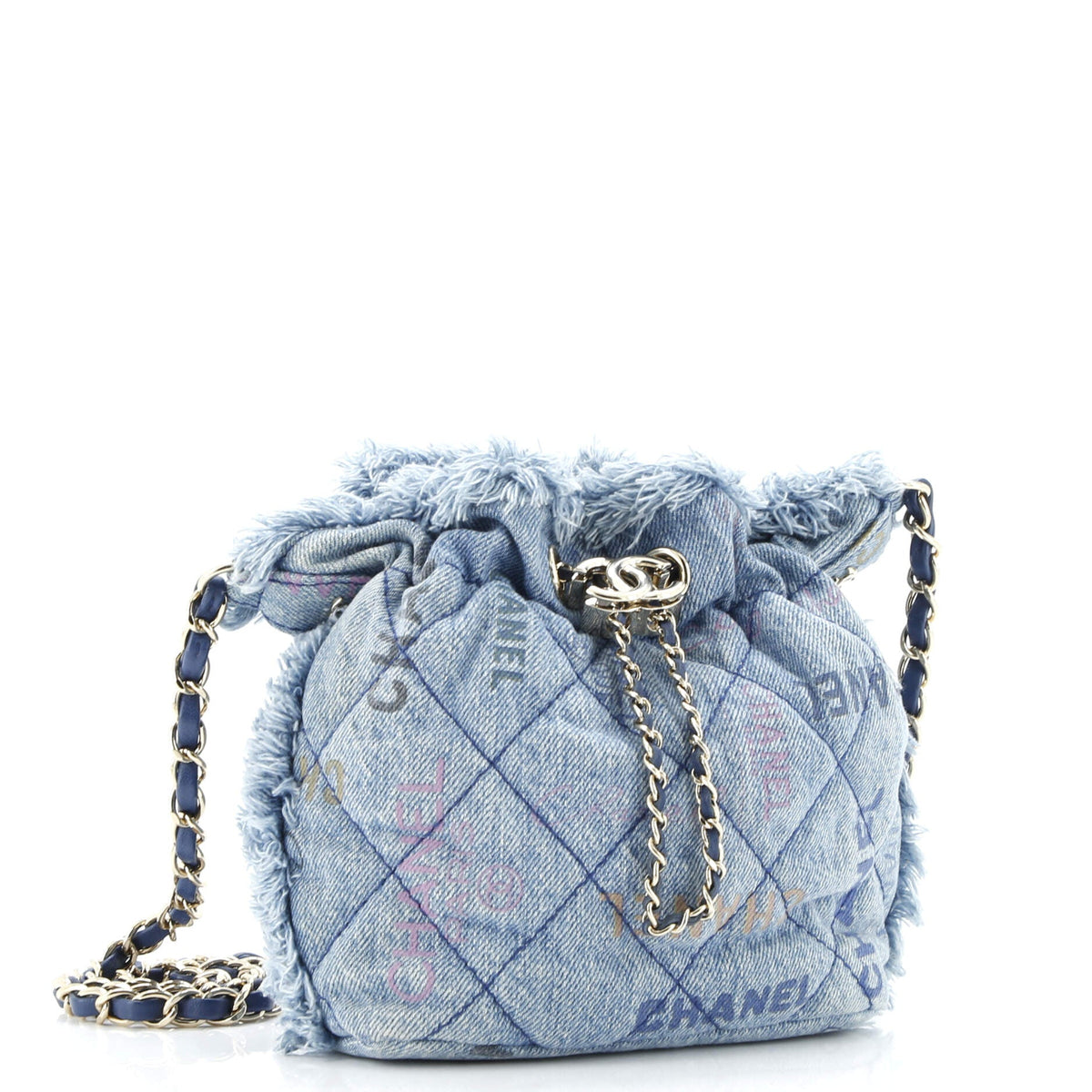 Denim Mood Chain Bucket Bag Logo Printed Quilted Fringe Denim Medium