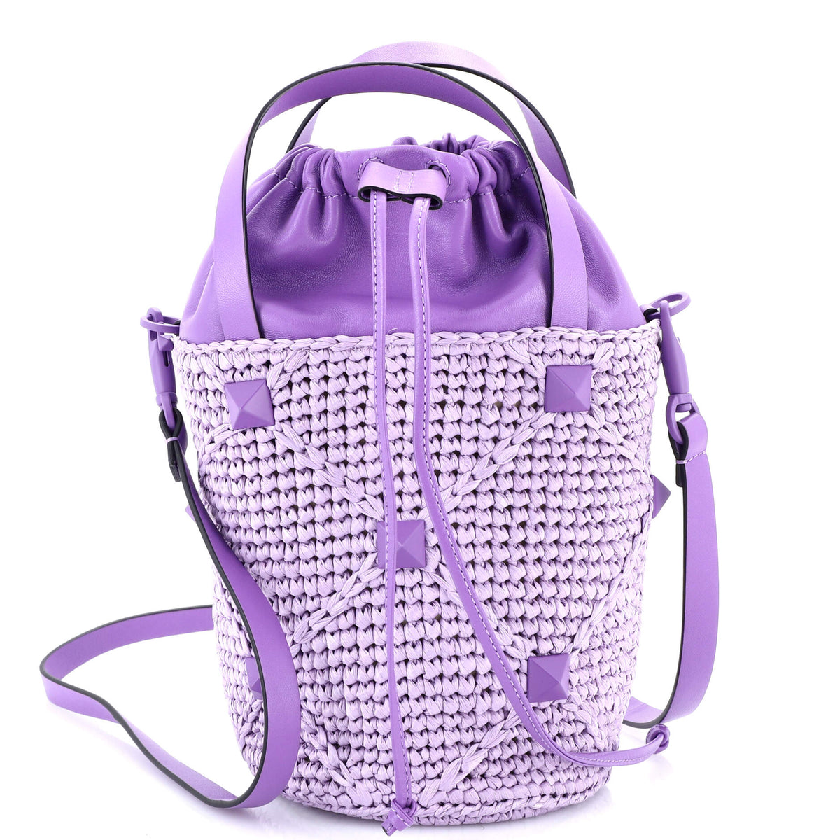 Roman Stud Bucket Bag Raffia and Leather